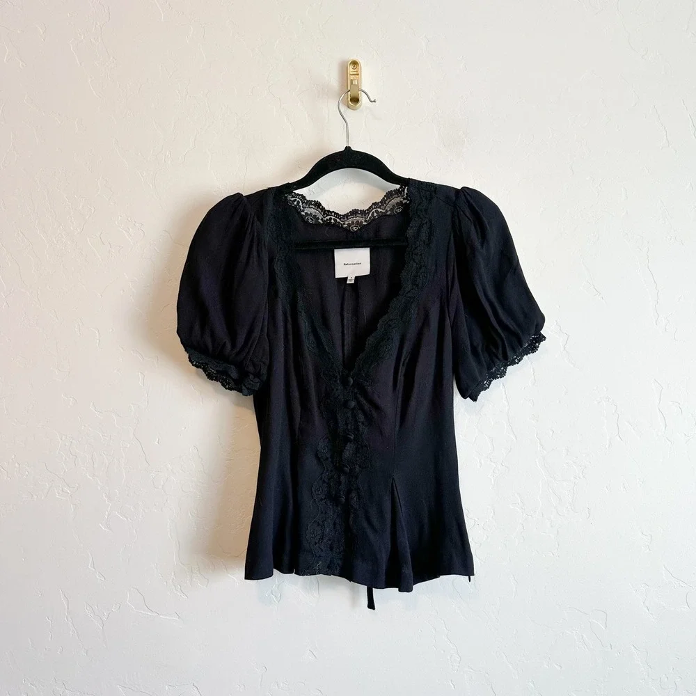 Reformation | Minette Lace Button Puff Sleeve Top in Black